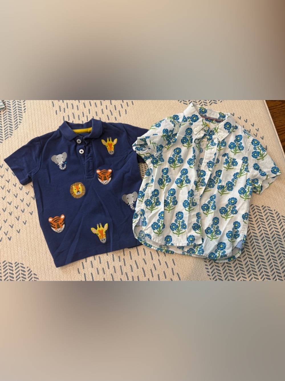 Mini Boden Navy Polo with Animal Patches & White Floral Button Shirt size 2-3